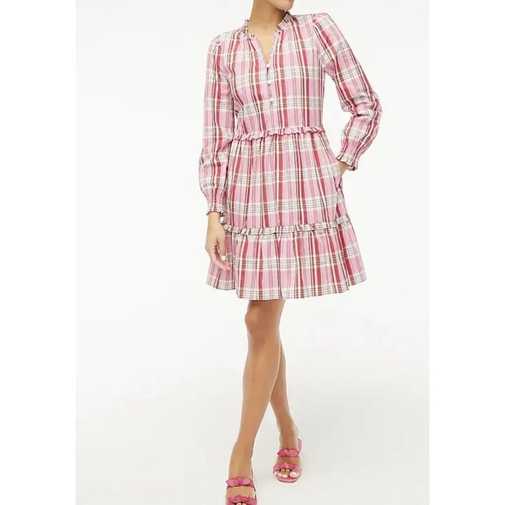 J Crew NWT Plaid Mini Dress Ruffle Trim Sweet Briar Marine Salt Pink size 10
